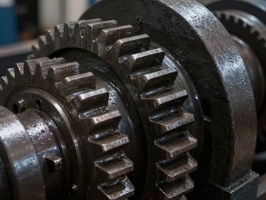 Extreme close-up of heavy industrial machinery gears, dark steel textures, low-contrast shadows, cool natural light.
