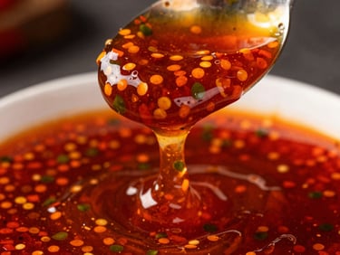 Extreme macro of a rich, glossy red chili sauce dripping from a spoon, vibrant orange and green flecks, high contrast.