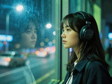 A young woman wearing headphones, looking thoughtfully off-camera, neon blue streetlights reflecting in the window, cinematic 35mm.