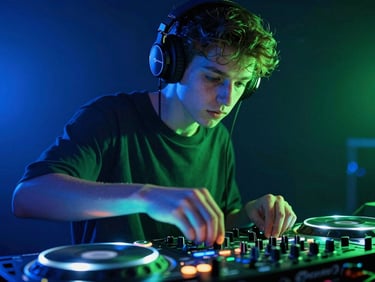 Close-up of a young DJ wearing headphones, illuminated by neon blue and acid green lights from a mixer, motion blur, dynamic low-angle, cinematic, 35mm lens
