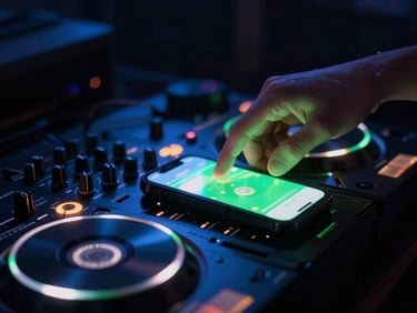 Young person's hand adjusting a DJ deck, glowing phone screen reflecting neon lights, high contrast, cinematic, 35mm lens