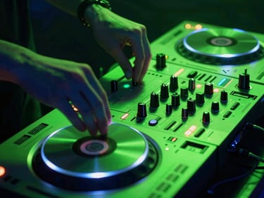Close-up of DJ decks and hands mixing tracks, dramatic acid green backlighting, high contrast, vibrant.