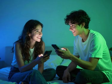 Two young people talking intimately in a neon-lit bedroom studio, glowing phone screens, motion blur, cinematic night photography.