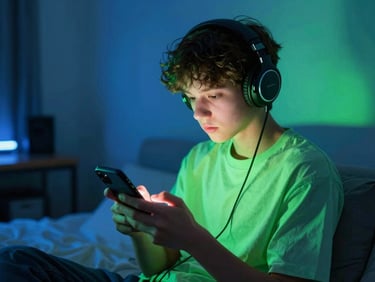 Young person looking at a glowing phone screen in a dimly lit bedroom studio, headphones on, neon light reflections, cinematic, 35mm lens