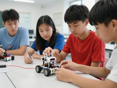 Students collaboratively building and coding a robot in a modern lab, clean environment, close-up on hands and robot components, bright light, focused and engaged expressions.