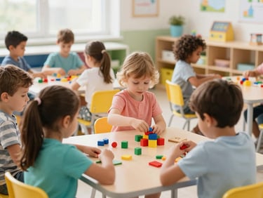 Children engaged in playful learning activities in a bright, colorful preschool classroom, soft natural light, medium shot, diverse group of children interacting with educational toys.