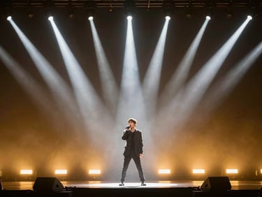 A wide cinematic 16:9 video frame showing a singer performing under brilliant white spotlights cutting through a dark stage, warm golden-hour flares, high-contrast luminous editorial photography