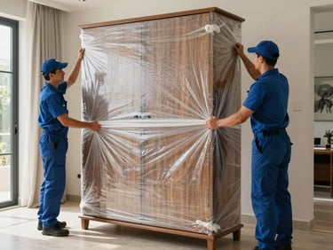 A professional mover double-wrapping a large wooden wardrobe with heavy-duty bubble wrap in a bright Dubai villa