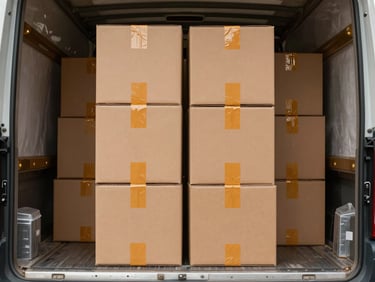 Neatly stacked heavy-duty cardboard boxes labeled and secured with orange tape inside a clean, spacious moving truck