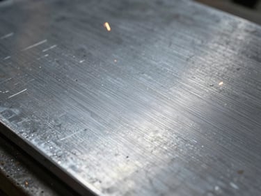 Close-up of a freshly cut hardened steel plate with visible tooling marks, high-contrast metallic textures, cool workshop ambient light, 50mm lens