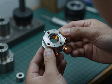 Engineer examining a small, complex part made from a custom alloy, holding it up to the light, cool workshop ambient light, 50mm lens
