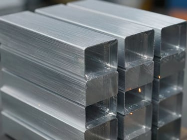 Stack of raw billet aluminum blocks, high-contrast metallic textures, cool workshop ambient light, 50mm lens