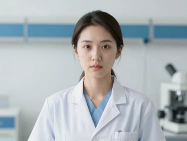 Medium-close portrait of a professional female pathologist in a clean clinical coat, soft natural shadows, sterile hospital background.