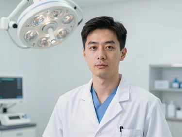 Medium-close portrait of a professional male dermatologist in a clean clinical coat looking forward, bright white clinical light.
