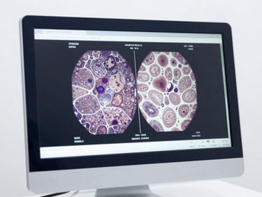 Close-up of a dermatologist reviewing high-resolution skin pathology scans on a high-end diagnostic monitor.
