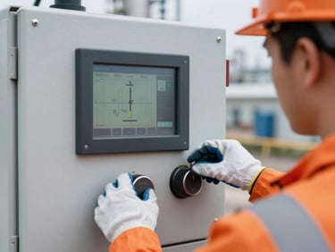 Close-up of an industrial control panel in a refinery, digital screens showing process loops, engineer wearing safety gloves adjusting a dial, sharp focus
