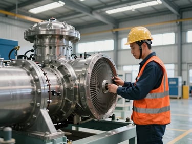 Industrial maintenance engineer in high-vis vest inspecting a large gas turbine generator, bright warehouse lighting, technical precision