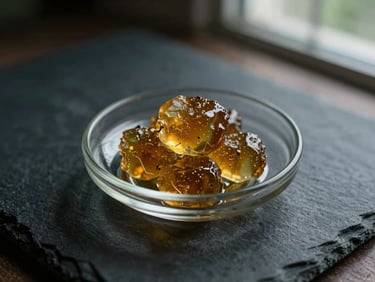 Golden amber cannabis rosin on a glass dish, dark slate background, moody macro photography.