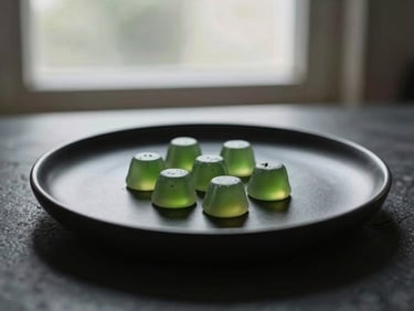 Minimalist gourmet gummies on a sleek matte black plate, soft natural window light, elegant styling.