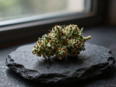 Close up of a premium green bud resting on a dark charcoal stone, dramatic side lighting, moody editorial.