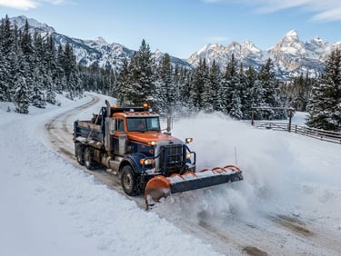 A heavy truck with a massive V-plow clearing deep mountain snow from a remote ranch road, snow spraying wide.