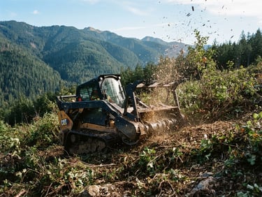 Wide environmental shot of a forestry mulcher processing thick undergrowth, woodchips flying, crisp mountain daylight, 35mm photography
