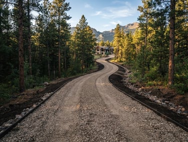 An estate driveway freshly graded, clean gravel borders, surrounding pine trees, crisp morning light.