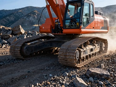 Close-up of heavy excavator steel tracks grinding on rocky Idaho soil, dust flying in the crisp morning sun, high-contrast action photography.