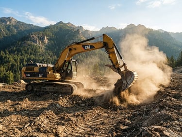 Low-angle shot of a heavy yellow excavator grading a rough dirt site, dust rising in the morning sun, rugged Idaho terrain