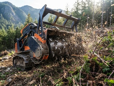 Close-up of a heavy forestry mulcher head shredding thick undergrowth, wood chips flying, rugged outdoor daylight.