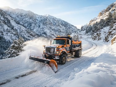 A heavy-duty plow truck clearing a deep snow-covered mountain road, dramatic snow-glare, crisp winter morning light, rugged photography