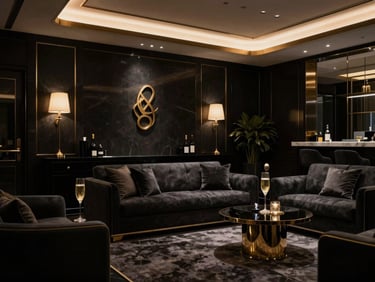 Elegant dark luxury concierge lounge with champagne gold details, soft lighting, premium private atmosphere.