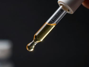 Detailed macro shot of a scientific pipette dispensing a golden cellular formula, dramatic dark background, sharp focus.