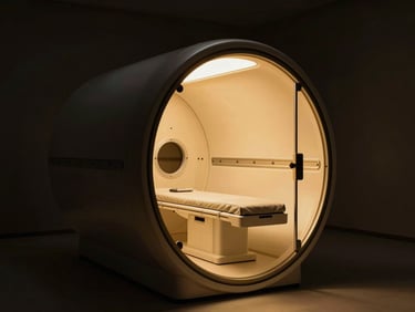 Minimalist private recovery suite with a sleek hyperbaric chamber and warm gold lighting, premium dark design.