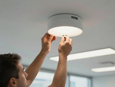 A technician's hands installing a clean new light fixture in a modern commercial office ceiling, bright natural light.