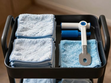 Straight-on close-up of a neatly organized commercial cleaning utility cart with fresh microfiber cloths and structured tools.