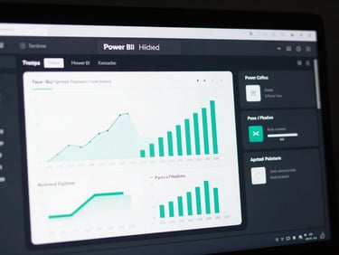 Crisp UI photography, dark mode Power BI dashboard interface with clean interactive charts, cool-toned screen glow