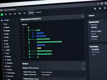 Crisp UI photography, dark mode database schema visualization, green and blue node connections, sharp focus, high contrast