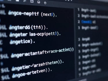 Crisp UI photography, close-up crop of clean SQL code blocks on a dark screen with subtle electric blue glow, high contrast, 35mm