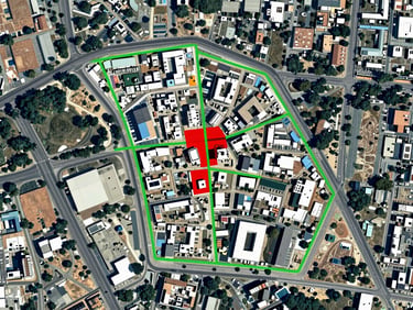 Top-down satellite GIS overlay of a commercial development plot in Bengaluru, showing precise green boundary lines and red encroachment alerts, crisp digital map interface, 35mm