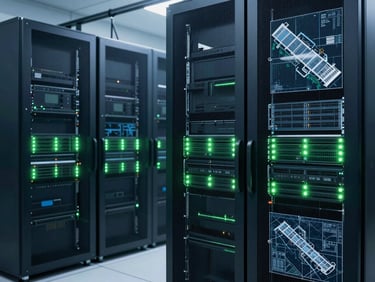 Secure server environment with glowing indicator lights, cool-toned blue and emerald green hues, clean architectural perspectives, precise technical infrastructure