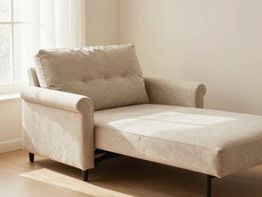 Warm editorial shot of a compact foldable sofa bed in a cozy living room corner, soft neutral textiles, warm lighting