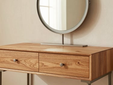 Warm editorial close-up of a modern vanity table with integrated circular mirror, oak finish drawer fronts, and slender steel frame, soft lighting