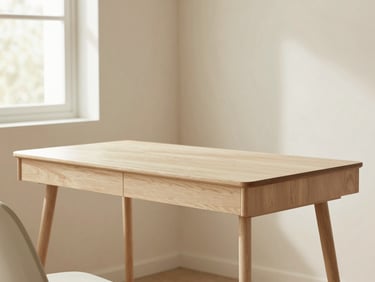 Warm editorial shot of a minimalist writing desk in a clean home office setting, soft morning light, neutral background