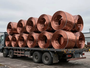 Wide environmental shot of a flatbed truck carrying massive neatly stacked bales of copper wire, overcast daylight, gritty industrial yard background, sharp focus