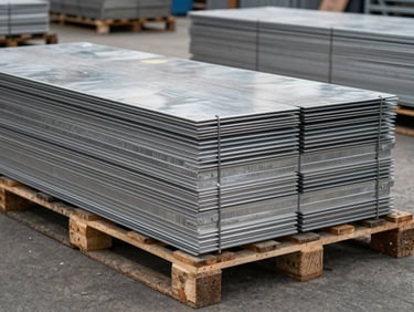 Eye-level action shot of sheared stainless steel plates stacked on heavy wooden pallets in an industrial warehouse.