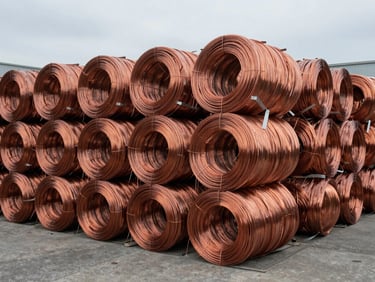 High-contrast industrial close-up of neatly stacked, dense copper wire bales in a concrete sorting yard under overcast daylight.