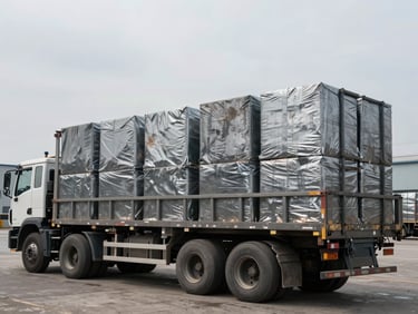 Side view of a heavy-duty flatbed truck loaded with dense metal bales in an industrial yard, overcast sky, gritty texture, 35mm lens