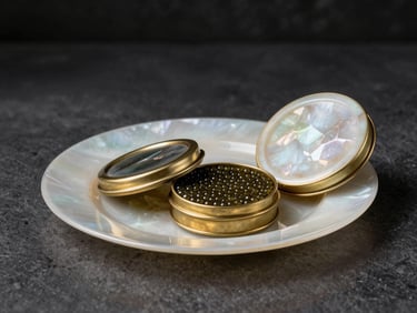 Elegant mother-of-pearl serving set with caviar, chilled brass case visible, low-key lighting, luxury home dining setting, dark charcoal and champagne gold tones.