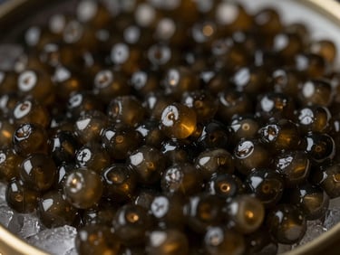 Close-up of glossy, dark amber Kaluga Hybrid caviar pearls, reflecting subtle gold light, on ice, elegant serving dish, moody dark-field photography.